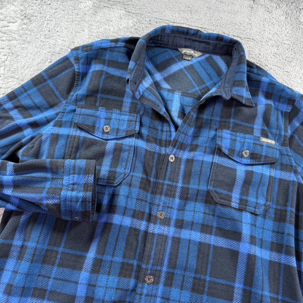 Eddie Bauer Mens XL Blue Black Plaid Fleece Button Down Shirt EM31LK111P